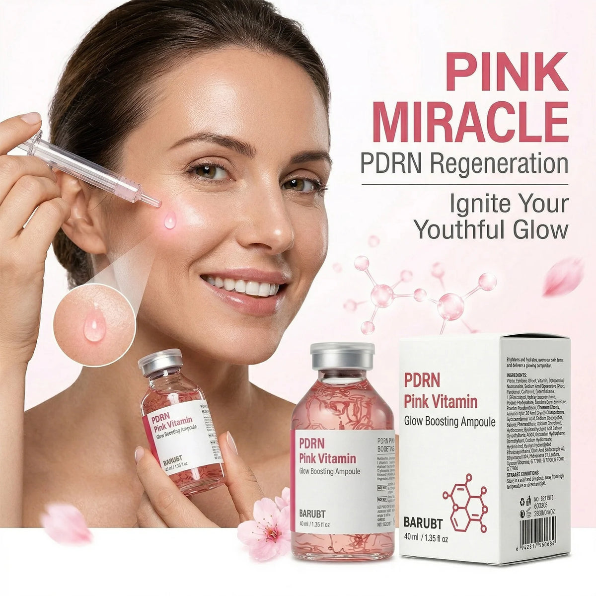 BARUBT PDRN Pink Vitamin Glow Boosting Ampoule for Cellular Repair, Hydration & Radiance, Facial Serum - 40 ml