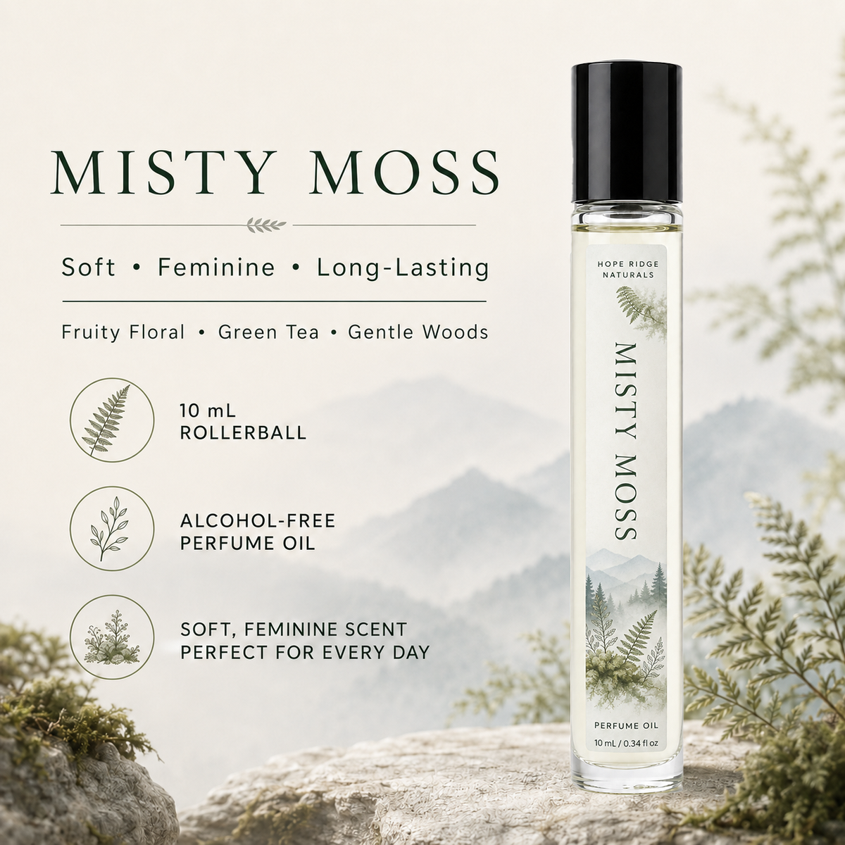 Misty Moss Perfume Oil – Soft Fruity Floral, Green Tea & Gentle Woods – 10 mL Rollerball