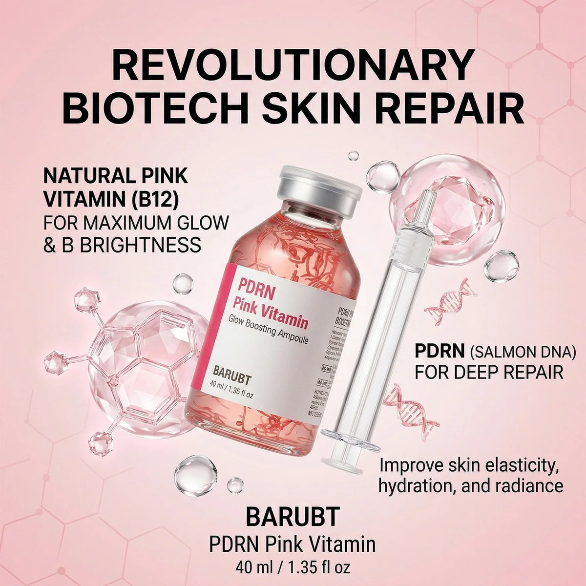 BARUBT PDRN Pink Vitamin Glow Boosting Ampoule for Cellular Repair, Hydration & Radiance, Facial Serum - 40 ml