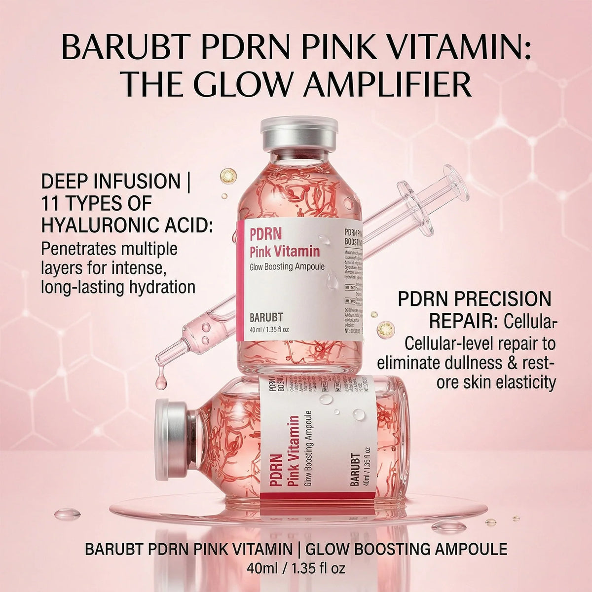 BARUBT PDRN Pink Vitamin Glow Boosting Ampoule for Cellular Repair, Hydration & Radiance, Facial Serum - 40 ml